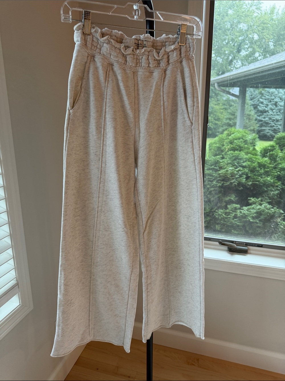 Cream Wide-Leg Knit sweatpants with Ruffle Waist